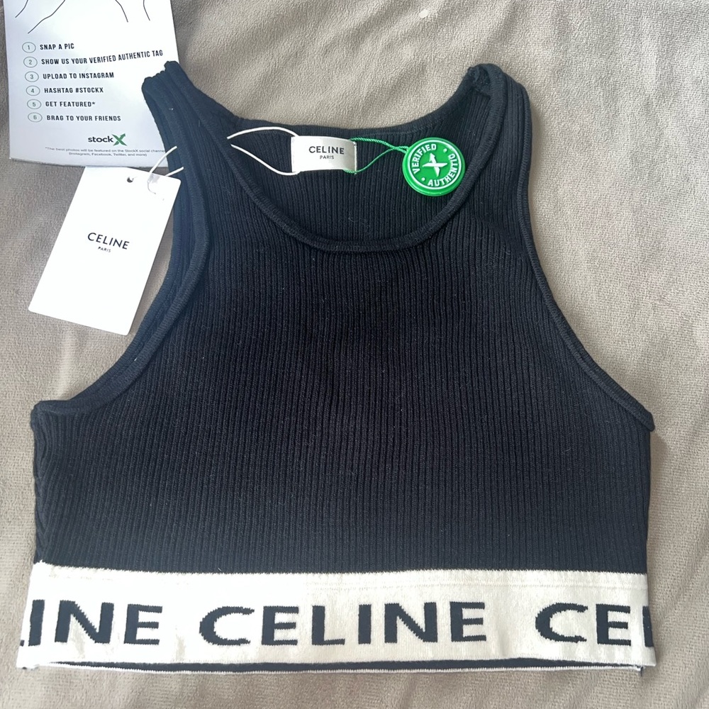 Celine Black Ribbed Logo Band Crop Tank